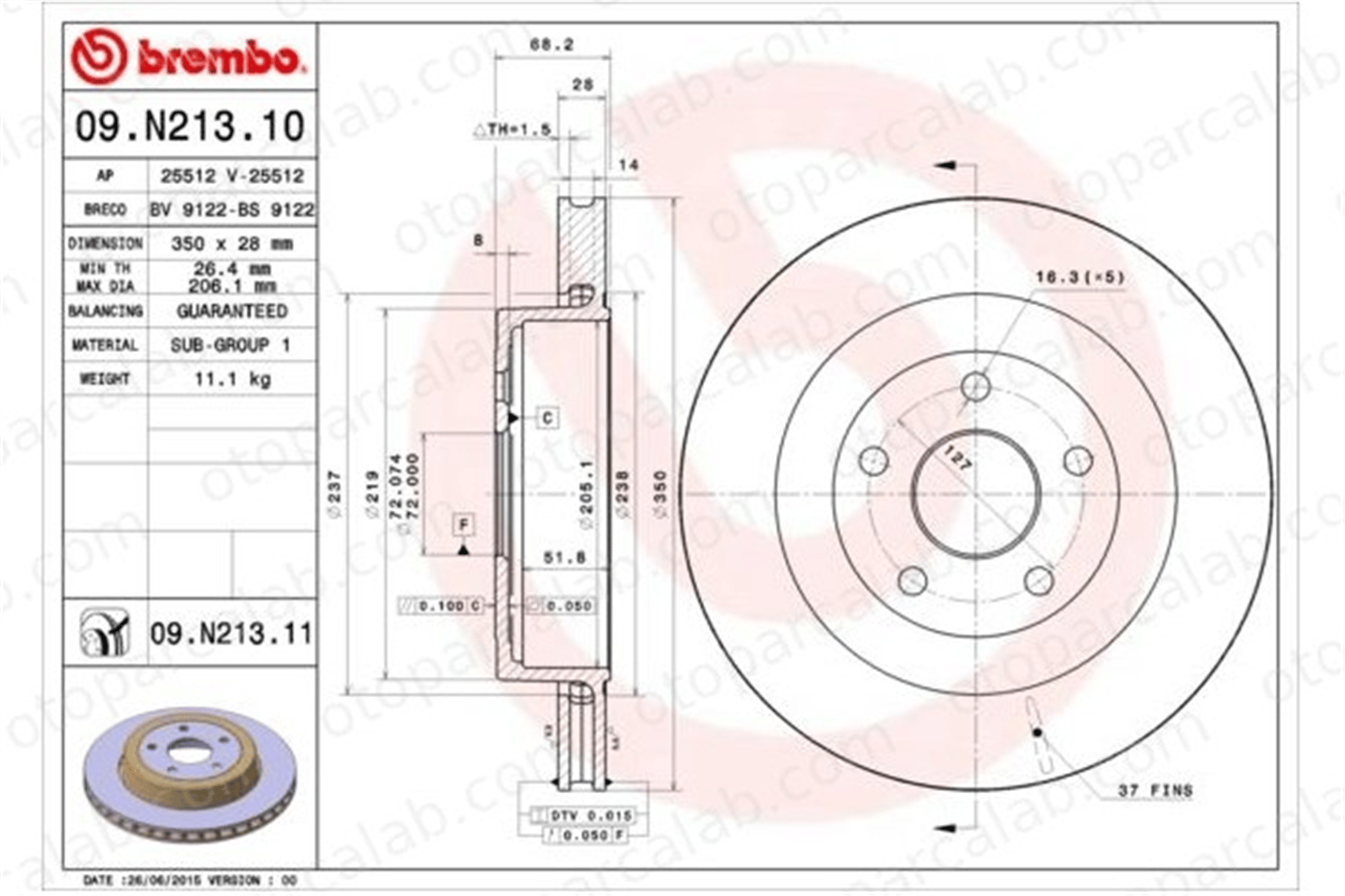 BREMBO 09.N213.11 Fren Disk Ayna Arka Sağ ve Sol DODGE JOURNEY CHRYSLER GRAND VOYAGER V 5290731AA 2AMV1996AB