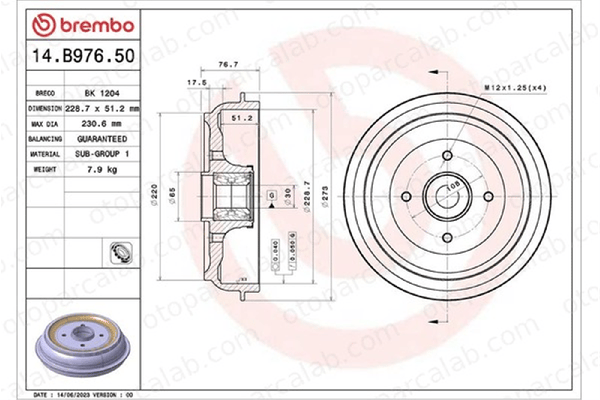 BREMBO 14.B976.50 Kampana Arka Sağ veya Sol PEUGEOT 208 I CITROËN C3 III 424750