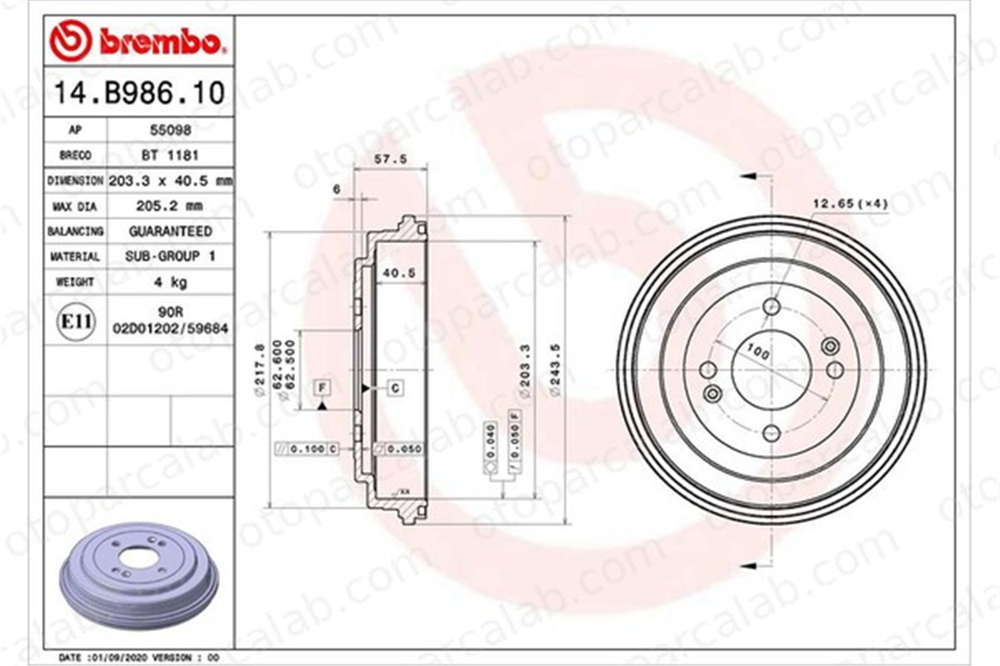 BREMBO 14.B986.10 Kampana Arka Sağ veya Sol HYUNDAI i10 I KIA RIO II 584111G000 K584111G000