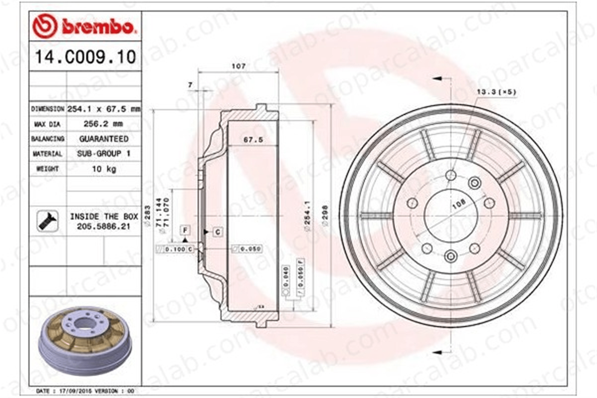 BREMBO 14.C009.10 Kampana Arka Sağ veya Sol FIAT SCUDO Panelvan/Van CITROËN JUMPY 1401417180 424751