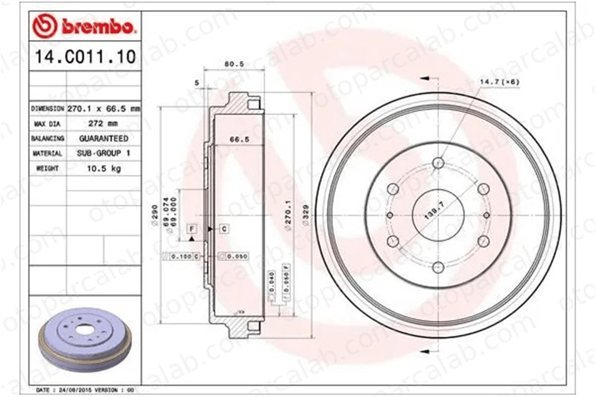 BREMBO 14.C011.10 Kampana Arka Sağ veya Sol TOYOTA HIACE IV Minibüs/Otobüs HIACE IV Panelvan/Van 4243126100 4243126180