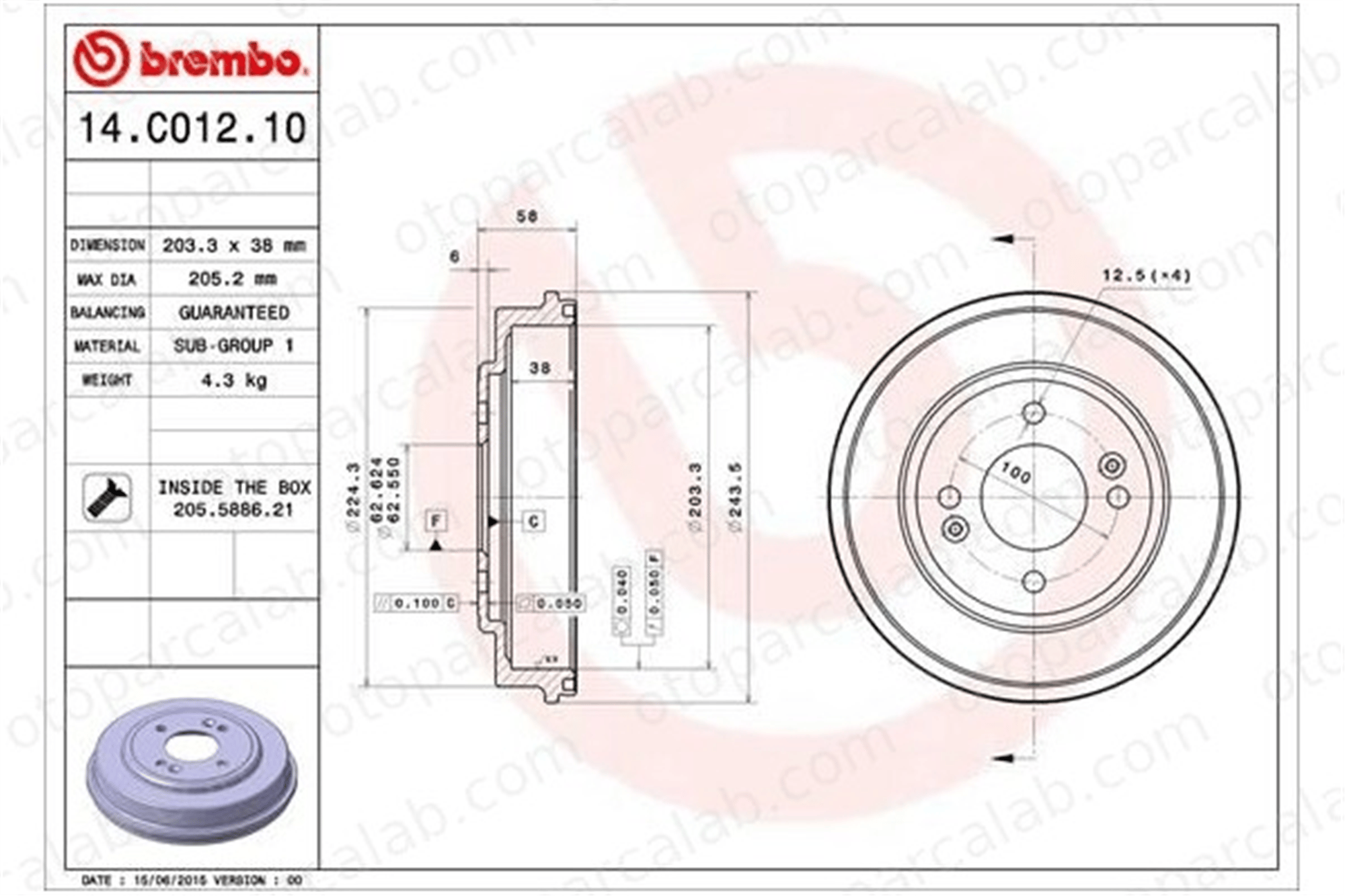 BREMBO 14.C012.10 Kampana Arka Sağ veya Sol HYUNDAI GETZ 584111C300