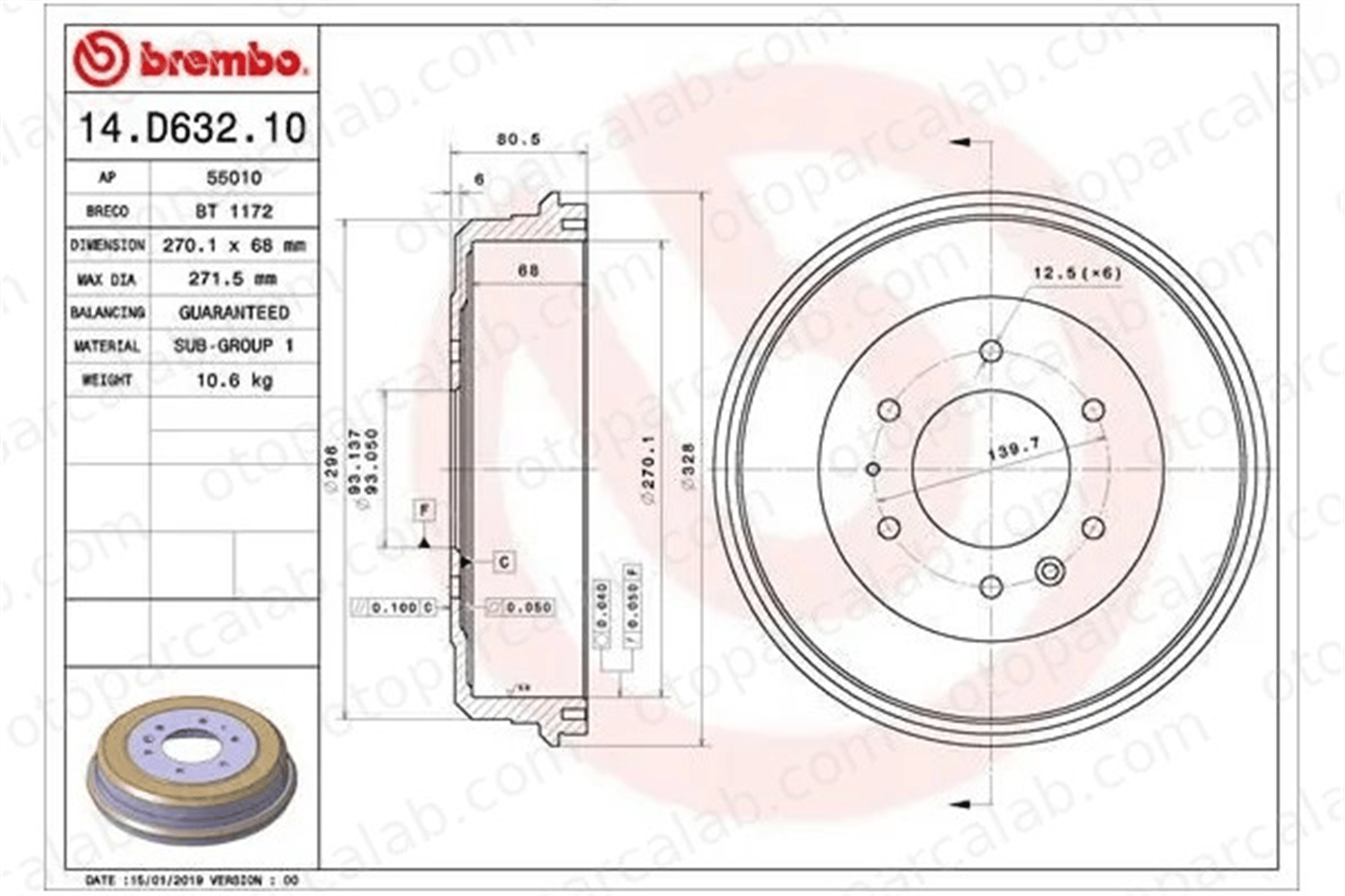BREMBO 14.D632.10 Kampana Arka Sağ veya Sol FORD RANGER MAZDA B-SERIE 1768317 UH7126251B