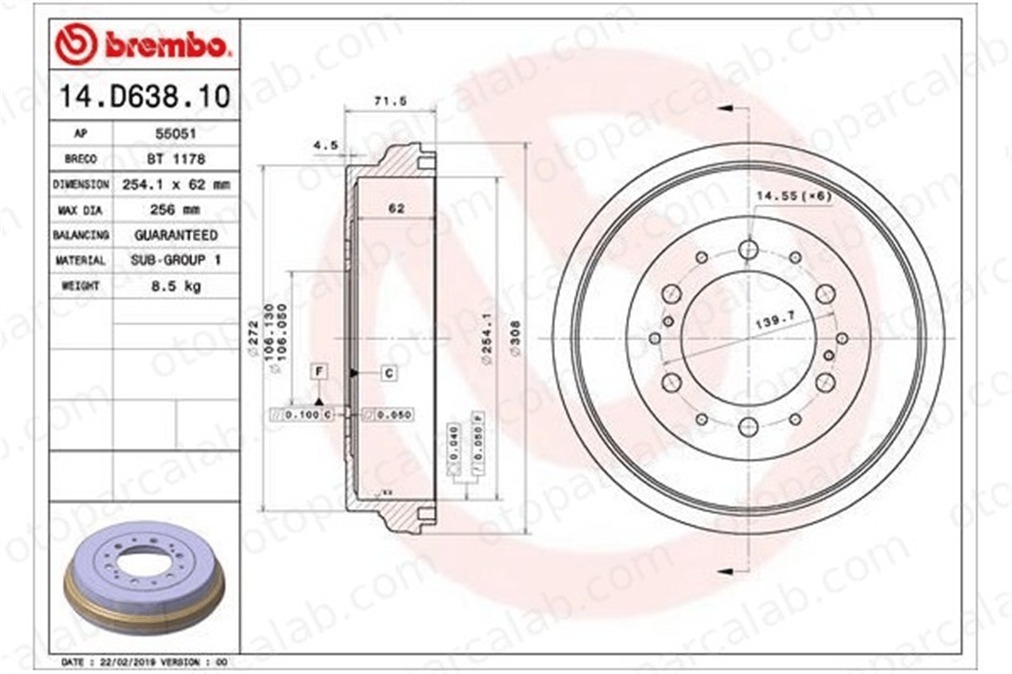 BREMBO 14.D638.10 Kampana Arka Sağ veya Sol TOYOTA HIACE V Panelvan/Van HIACE / COMMUTER V Minibüs/Otobüs 4243126190