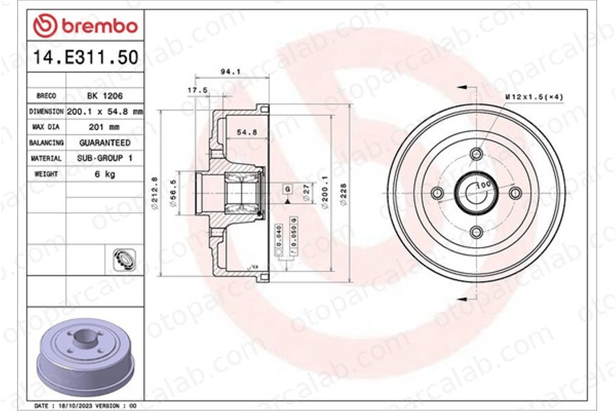 BREMBO 14.E311.50 Kampana Arka Sağ veya Sol OPEL CORSA C Kasa/eğik arka TIGRA TwinTop 9196290 418001