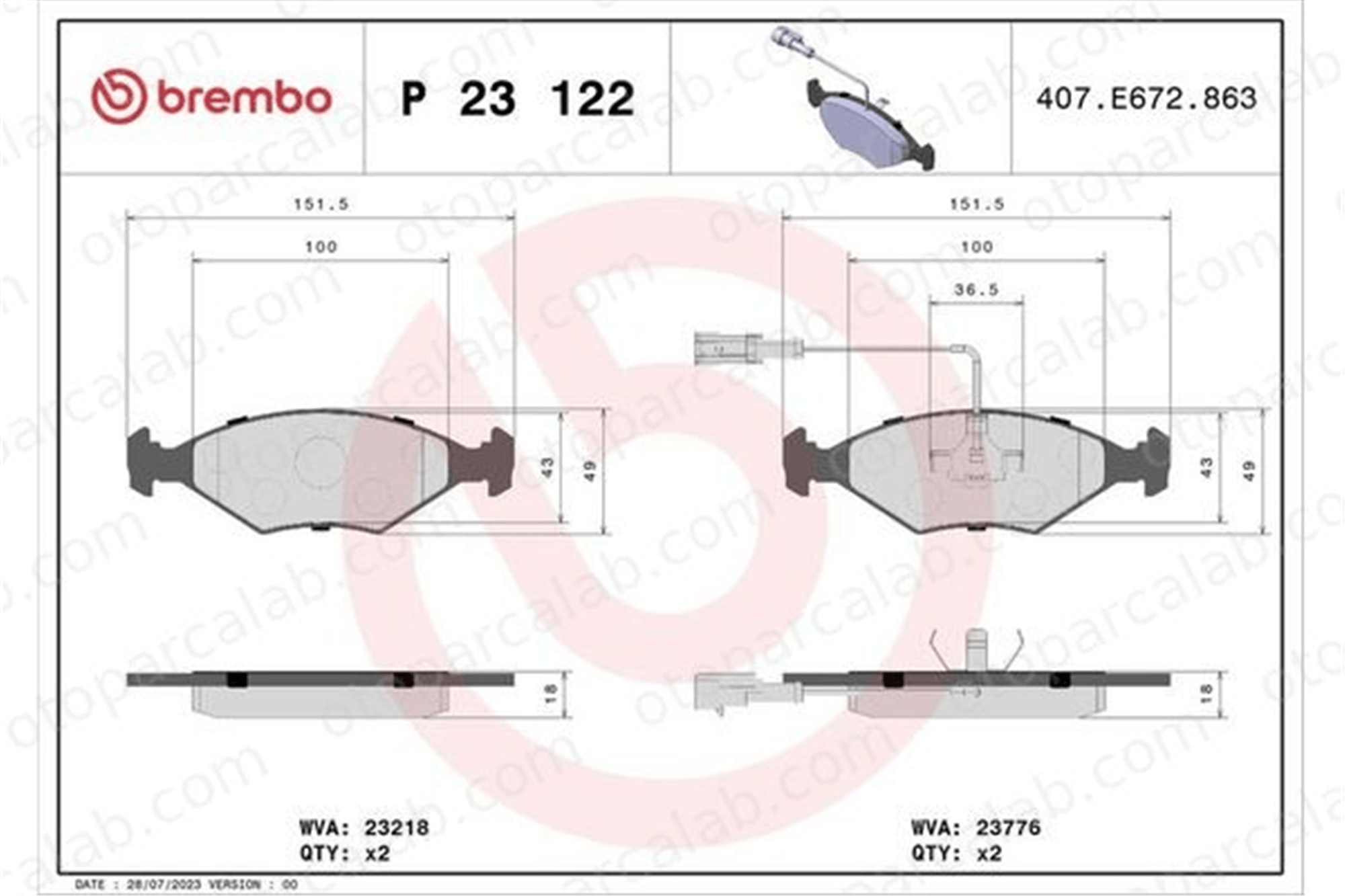 BREMBO P 23 122 Fren Disk Balata Ön FIAT SIENA PALIO 71770960 71770024