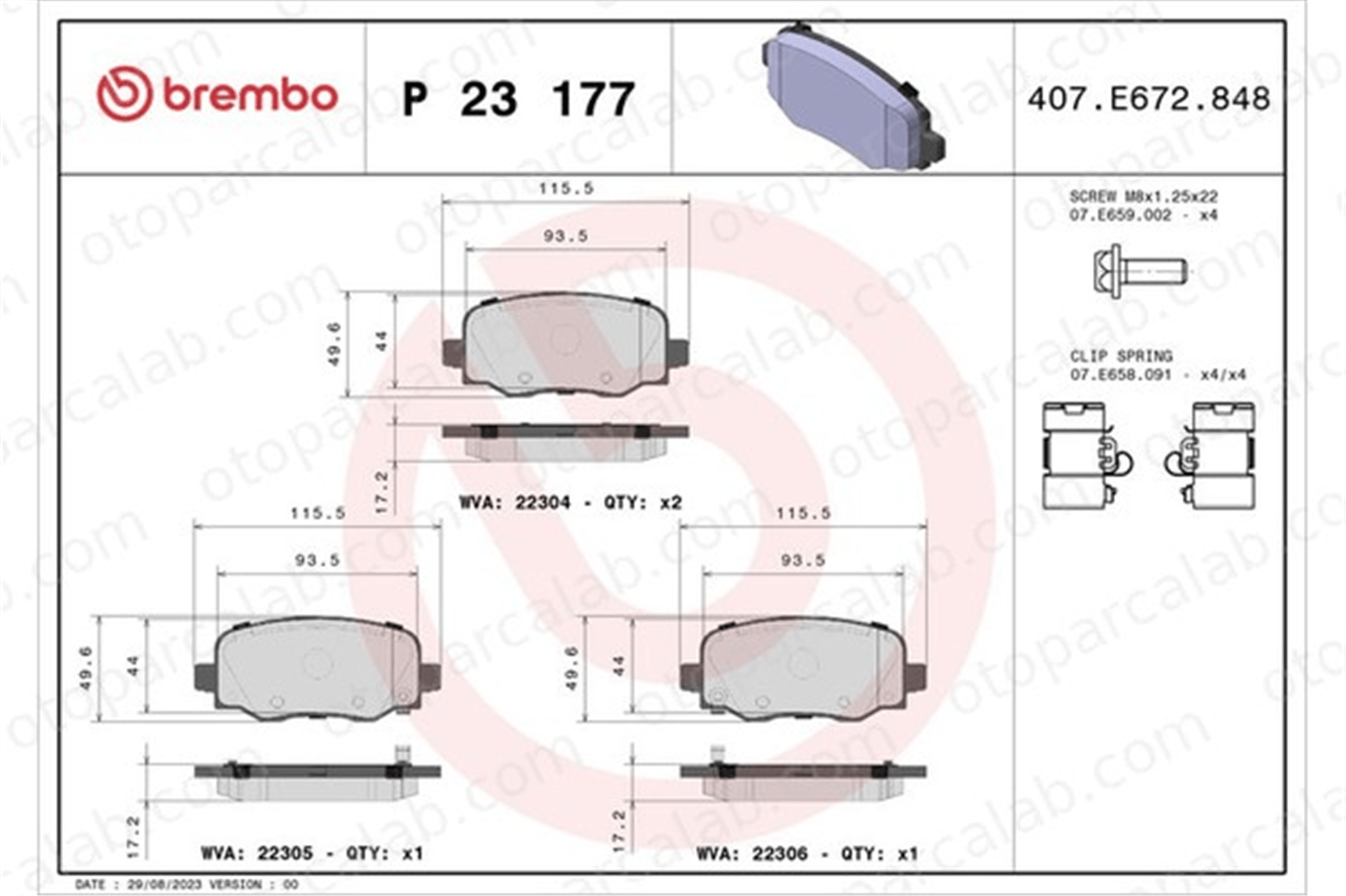 BREMBO P 23 177X Fren Disk Balata Arka FIAT 500X JEEP RENEGADE SUV 77367145 77367417
