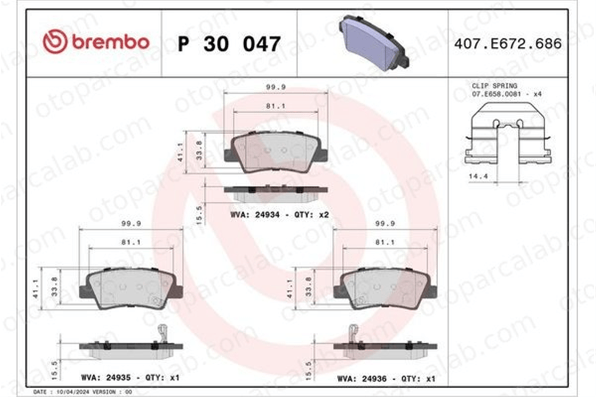 BREMBO P 30 047 Fren Disk Balata Arka HYUNDAI TUCSON SONATA V 583223FA01 3502130140W01
