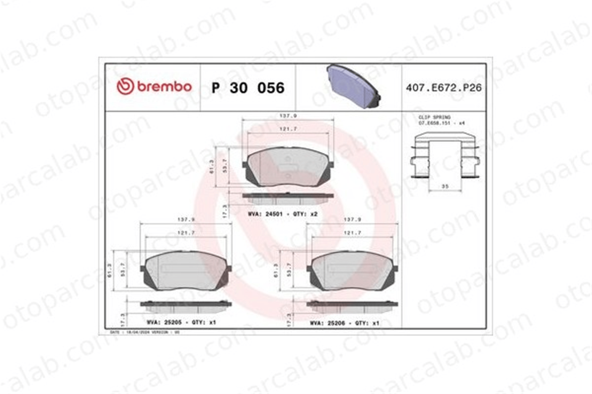 BREMBO P 30 056 Fren Disk Balata Ön HYUNDAI TUCSON KIA SPORTAGE IV 581011DA50 581012SA70