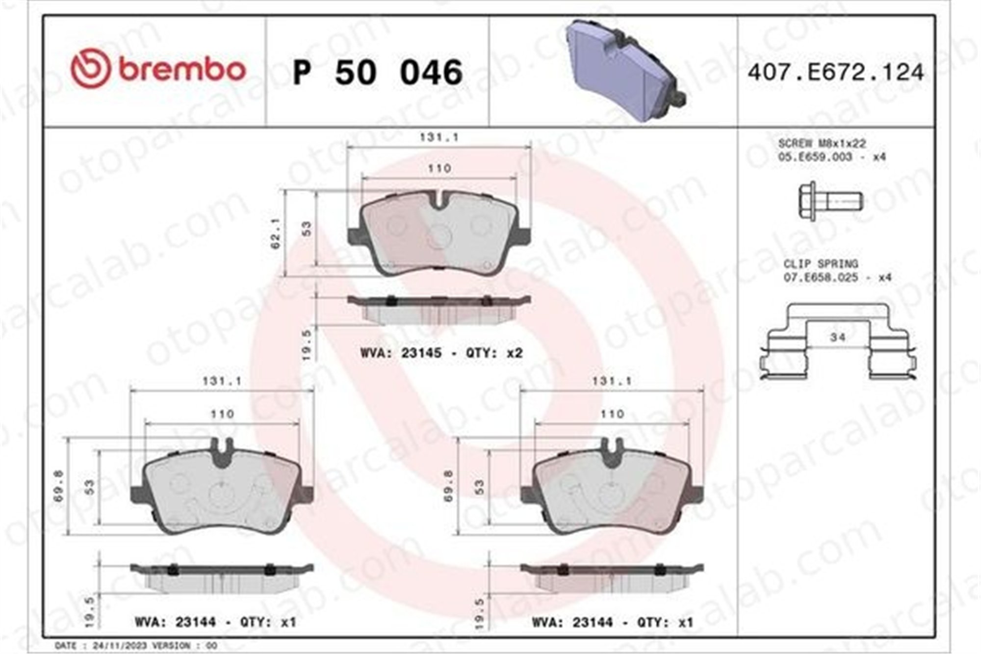 BREMBO P 50 046 Fren Disk Balata Ön MERCEDES-BENZ C-SERISI CLK Cabrio A0064206220 34202620