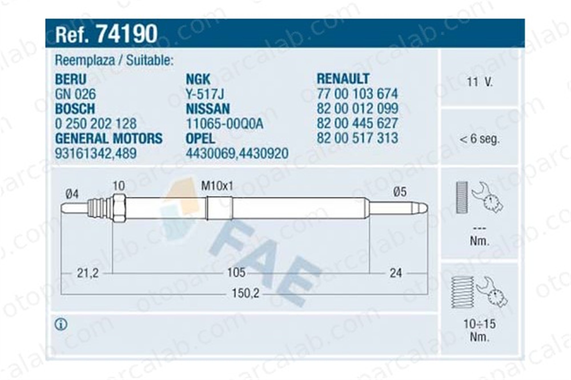 FAE 74190 Isıtma Bujisi RENAULT MASTER II Minibüs/Otobüs MASTER II Panelvan/Van 1106500Q0A 9201698