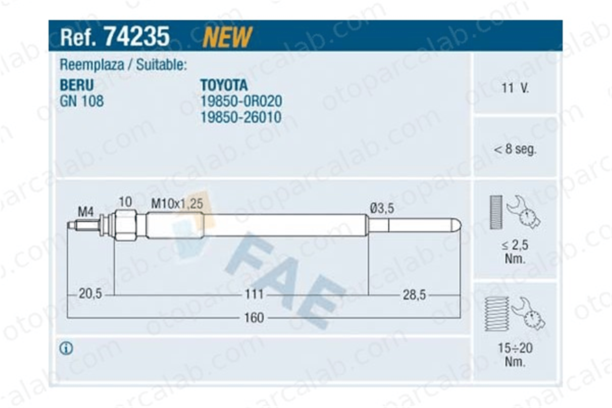 FAE 74235 Isıtma Bujisi TOYOTA AVENSIS Station wagon AURIS 198500R020 1985026010