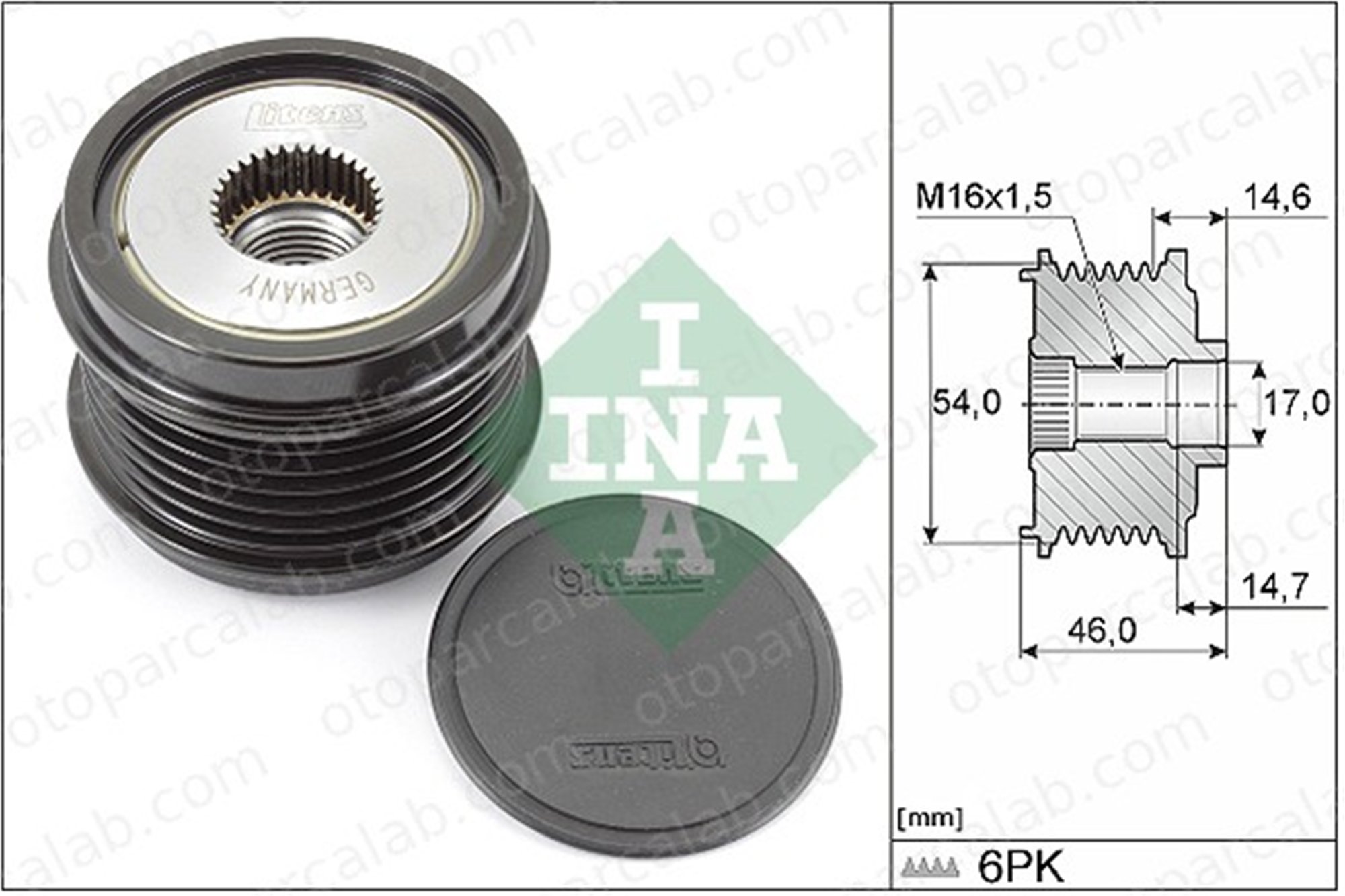 INA 535 0308 10 Alternatör Kasnağı CITROËN BERLINGO Kasa/büyük limuzin PEUGEOT PARTNER Kasa/büyük limuzin 1622780280 1611285580