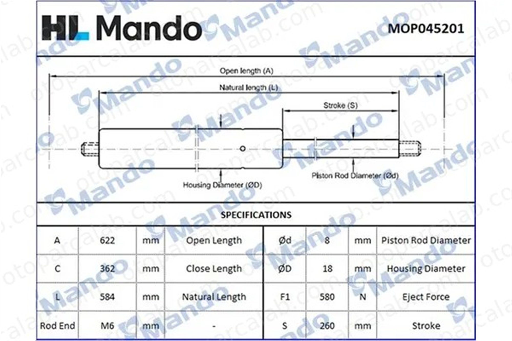 MANDO MOP045201 Bagaj Amortisörü Sağ veya Sol PEUGEOT PARTNER Kasa/büyük limuzin PARTNER TEPEE MOP045201 8731R9