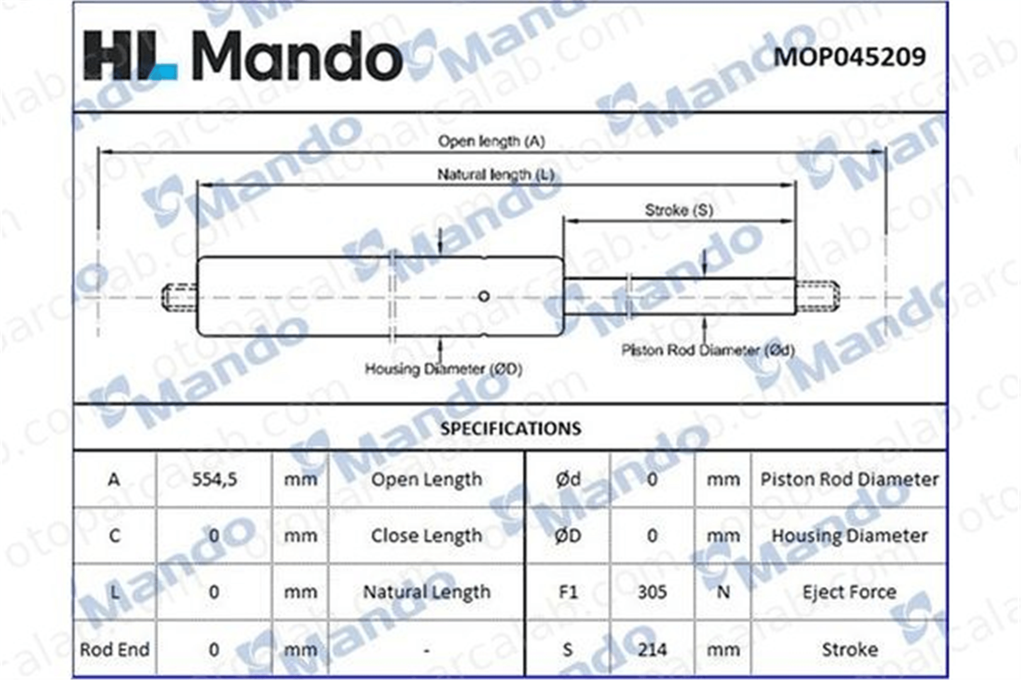 MANDO MOP045209 Bagaj Amortisörü Sağ veya Sol CITROËN C1 MOP045209 689500H020