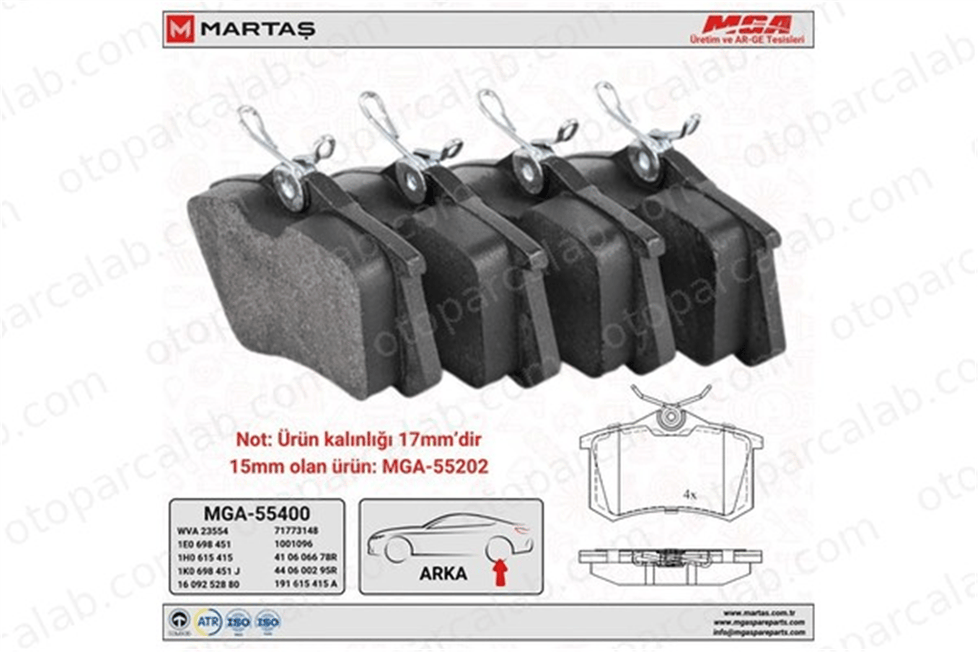 MGA 55400 Fren Disk Balata Arka SEAT LEON AUDI A6 C5 Avant 1J0698451P 440605713R