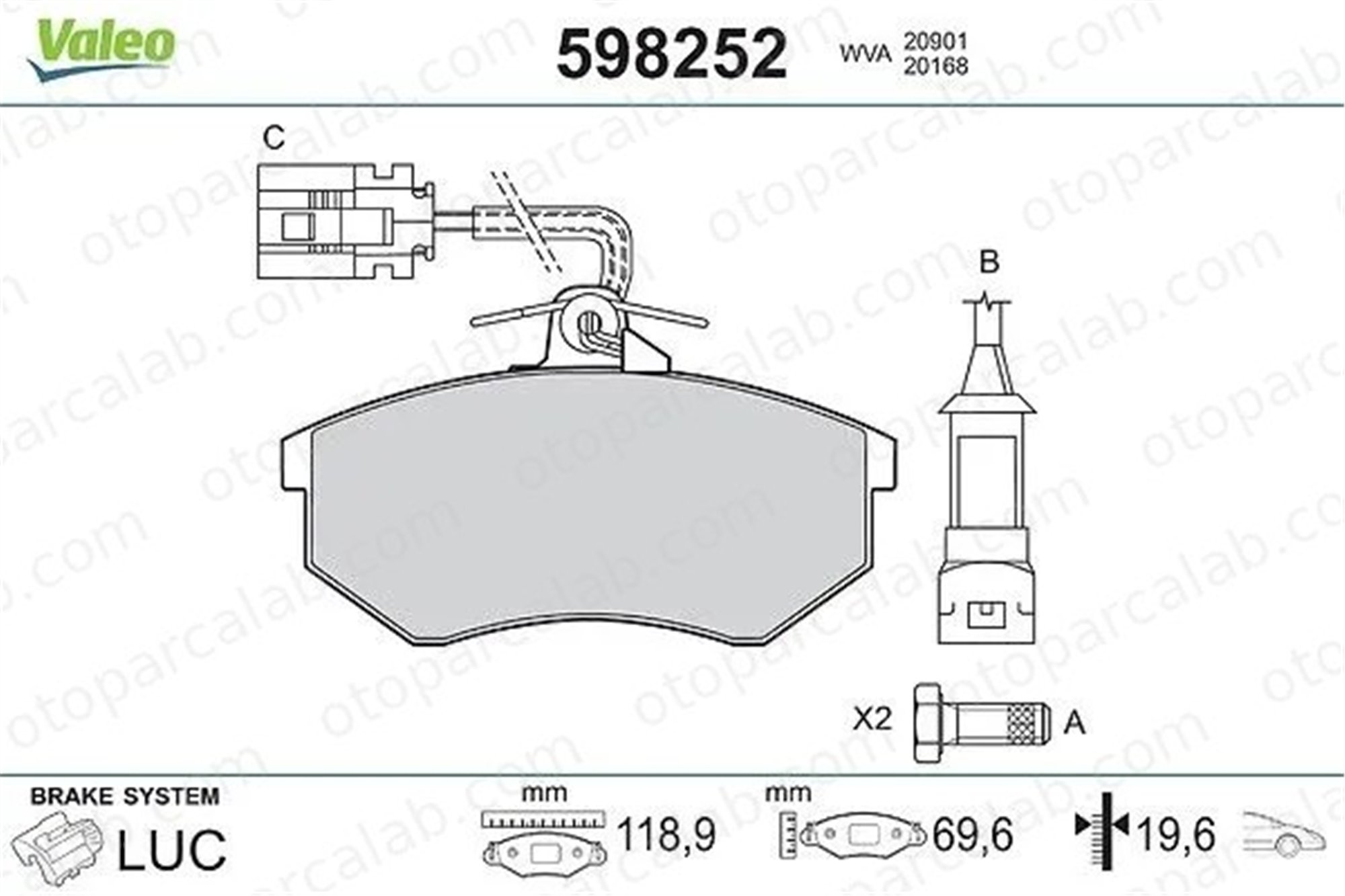 VALEO 598252 Fren Disk Balata Ön VW GOLF III AUDI 80 B4 Sedan 357698151B 8A0698151C