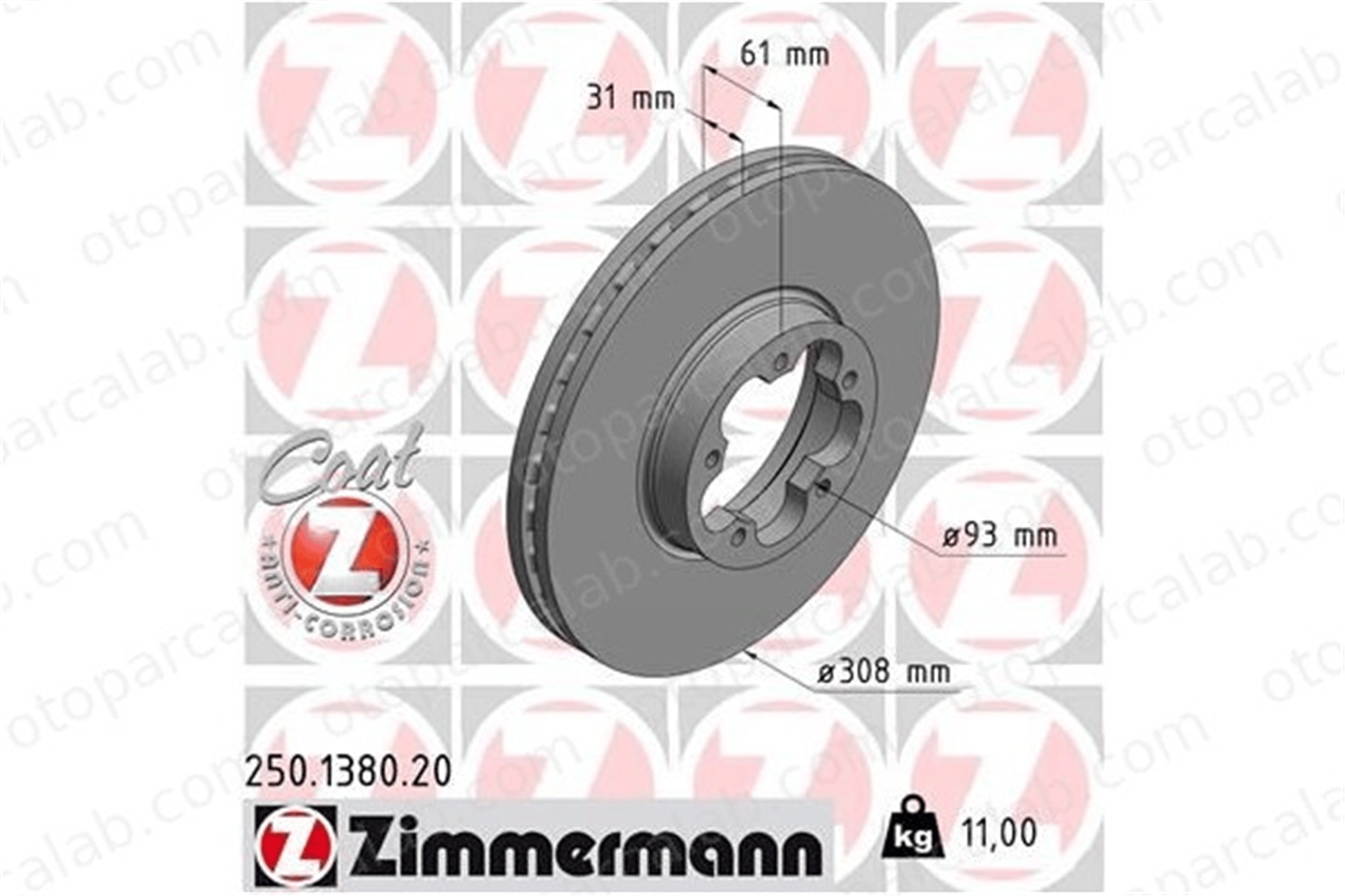 ZIMMERMANN 250.1380.20 Fren Disk Ayna Ön Sağ ve Sol FORD TRANSIT V363 Panelvan/Van TRANSIT V363 Platform şasi KK311125AB KK311125AA