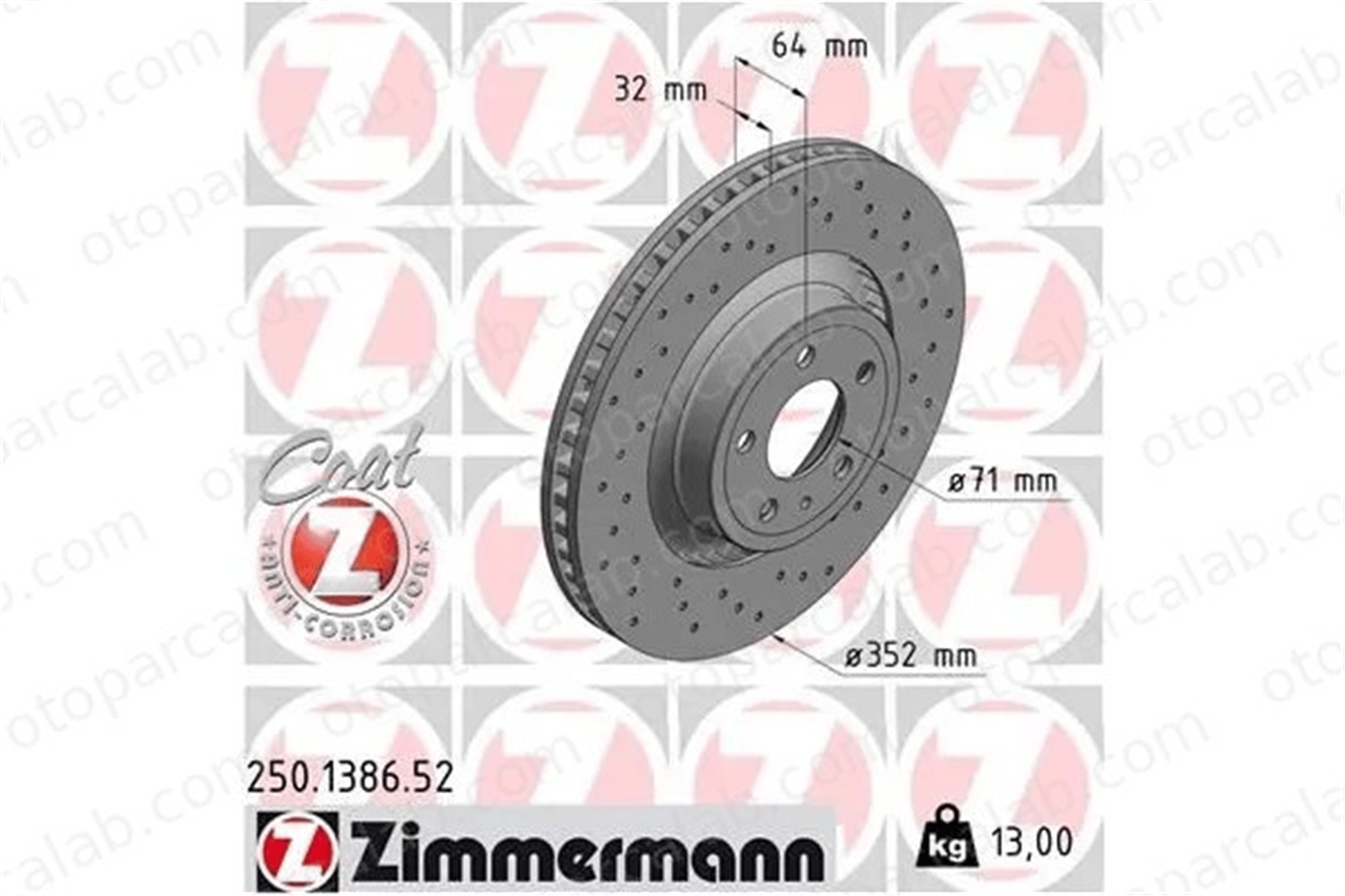 ZIMMERMANN 250.1386.52 Fren Disk Ayna Ön Sağ ve Sol FORD USA MUSTANG Convertible MUSTANG Coupe 1915620 2032483