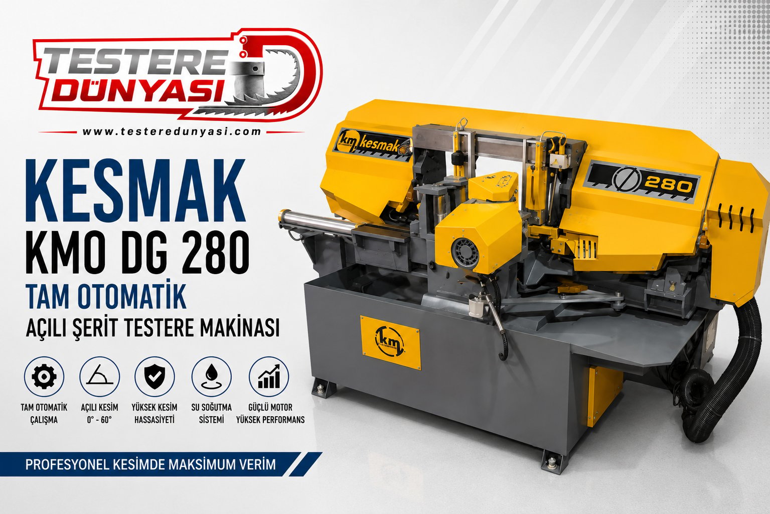KESMAK KMO280DG SULU ÇAPAKSIZ AÇILI DÖNER GÖBEK TAM OTOMATİK ŞERİT TESTERE MAKİNASI