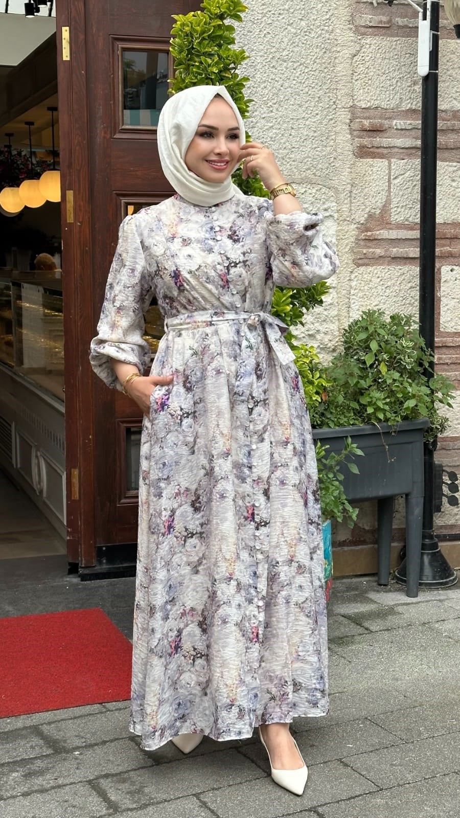 Çiçek Desenli Tencel Elbise - Lila