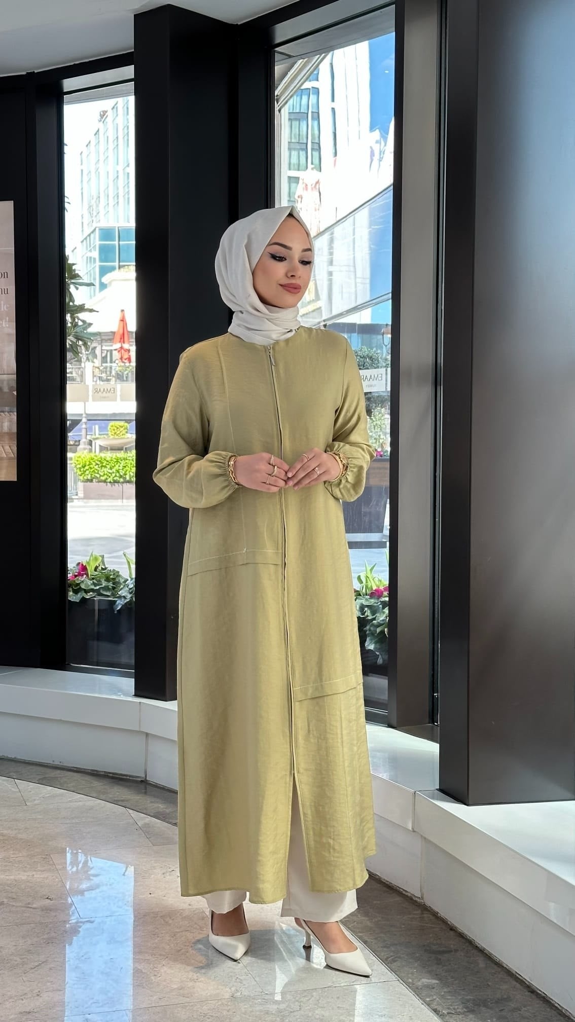 Fermuar Detaylı Tencel Kap - Yağ Yeşili