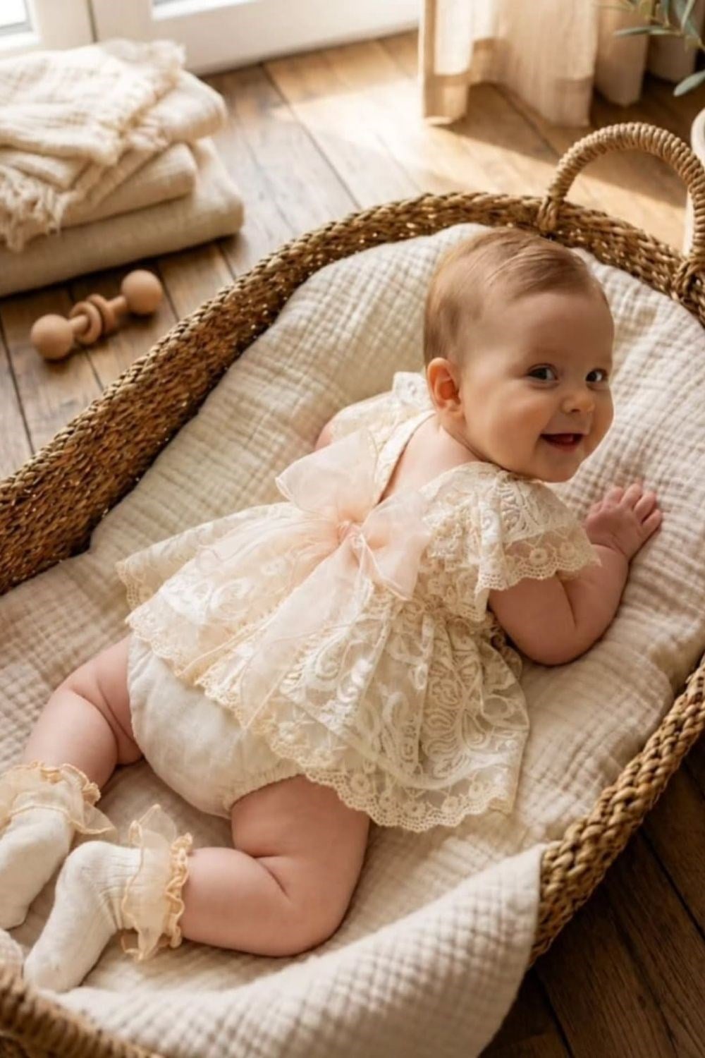 Kız Bebek Dantel İşlemeli Romper Tulum – Ekru