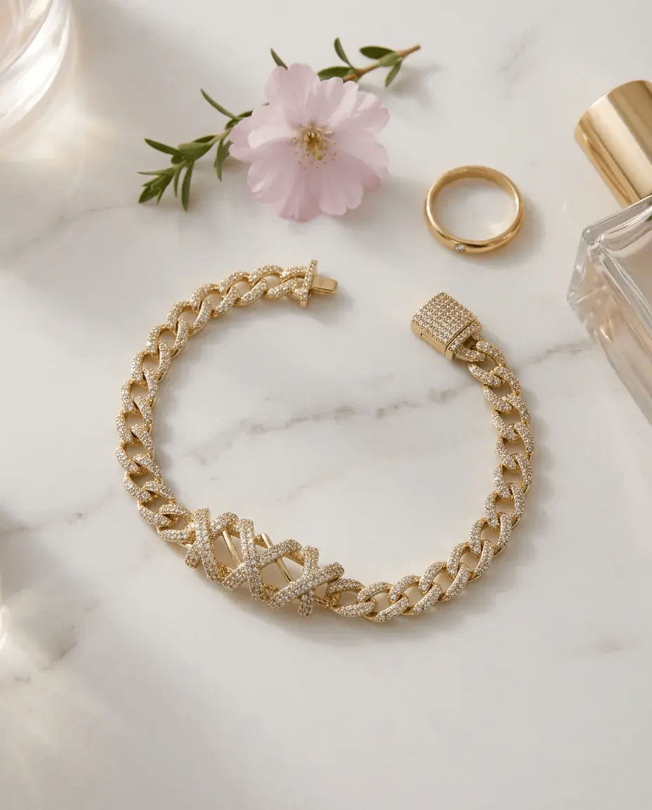 VIP 14K X Detaylı Taşlı Zincir Bileklik