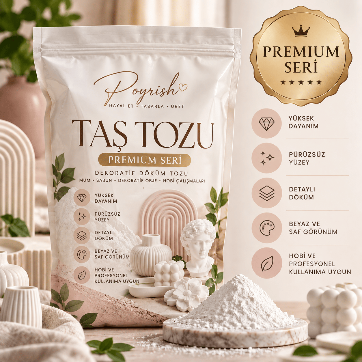 Taş Tozu (PREMIUM SERİ) 25 Kg. Beyaz, Silikon Kalıp İçin Hobi Harcı
