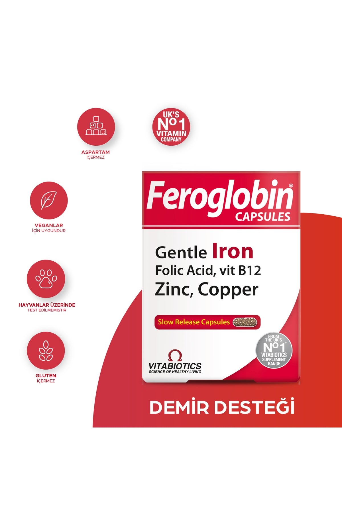 Feroglobin Demir,Vitamin B12,Folik Asit,Çinko,Bakır İçeren Gıda Takviyesi 30 Kapsül