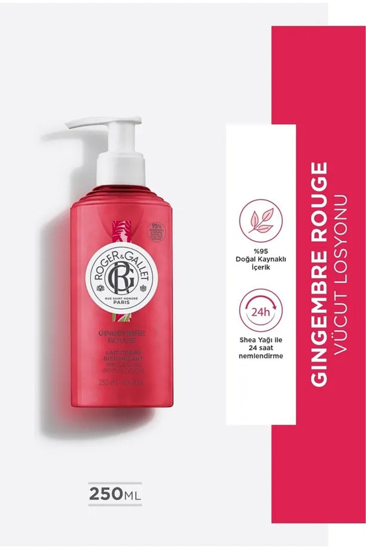 Gingembre Rouge Shea Ve Zencefil Özlü, Doğal, Canlandırıcı, 24 Saat Nemlendirici Vücut Losyonu 250ml