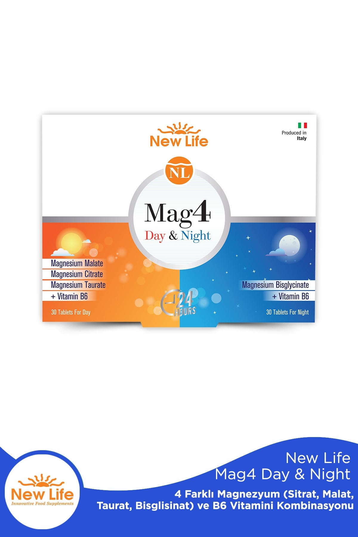 Mag4 Day & Night 60 Tablet Magnezyum Sitrat + Malat + Taurat+ Bisglisinat