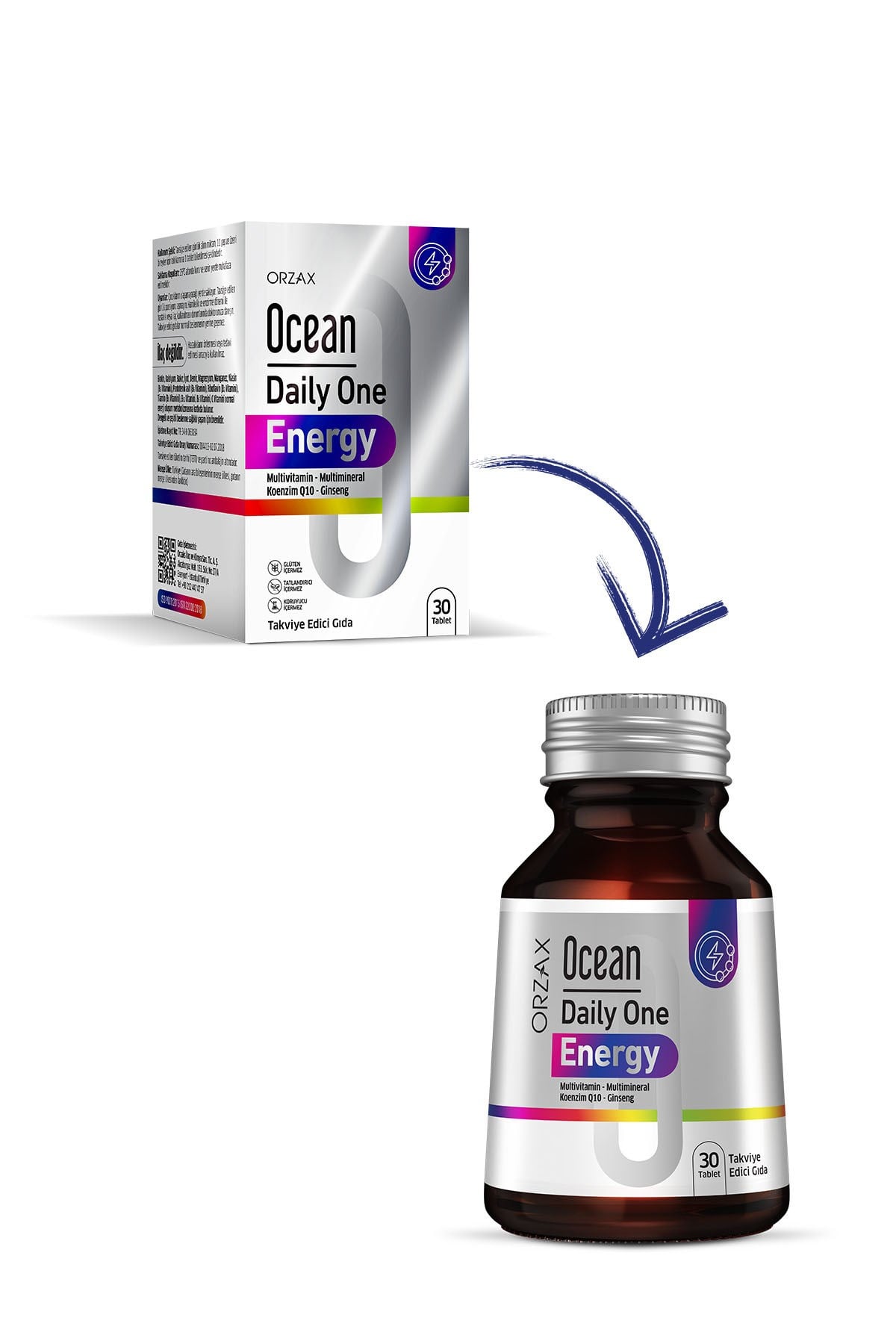 Orzax Daily One Energy Multivitamin-Multimineral (13 Vitamin+10 Mineral) KoenzimQ10-Ginseng 30Tablet