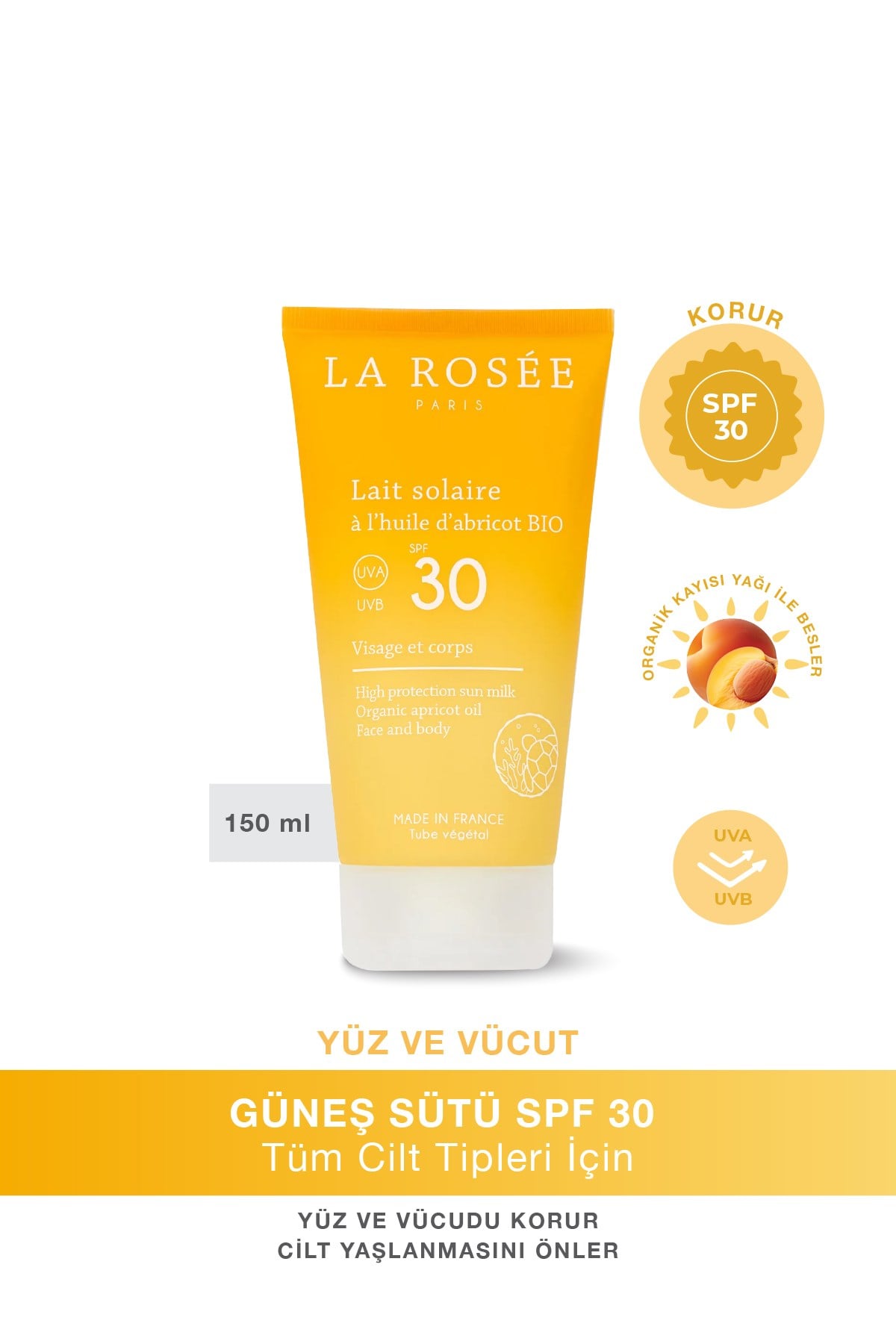 YÜKSEK KORUMALI GÜNEŞ KORUYUCU SÜT Organik Kayısı Yağı İçeren SPF 30 150 Ml