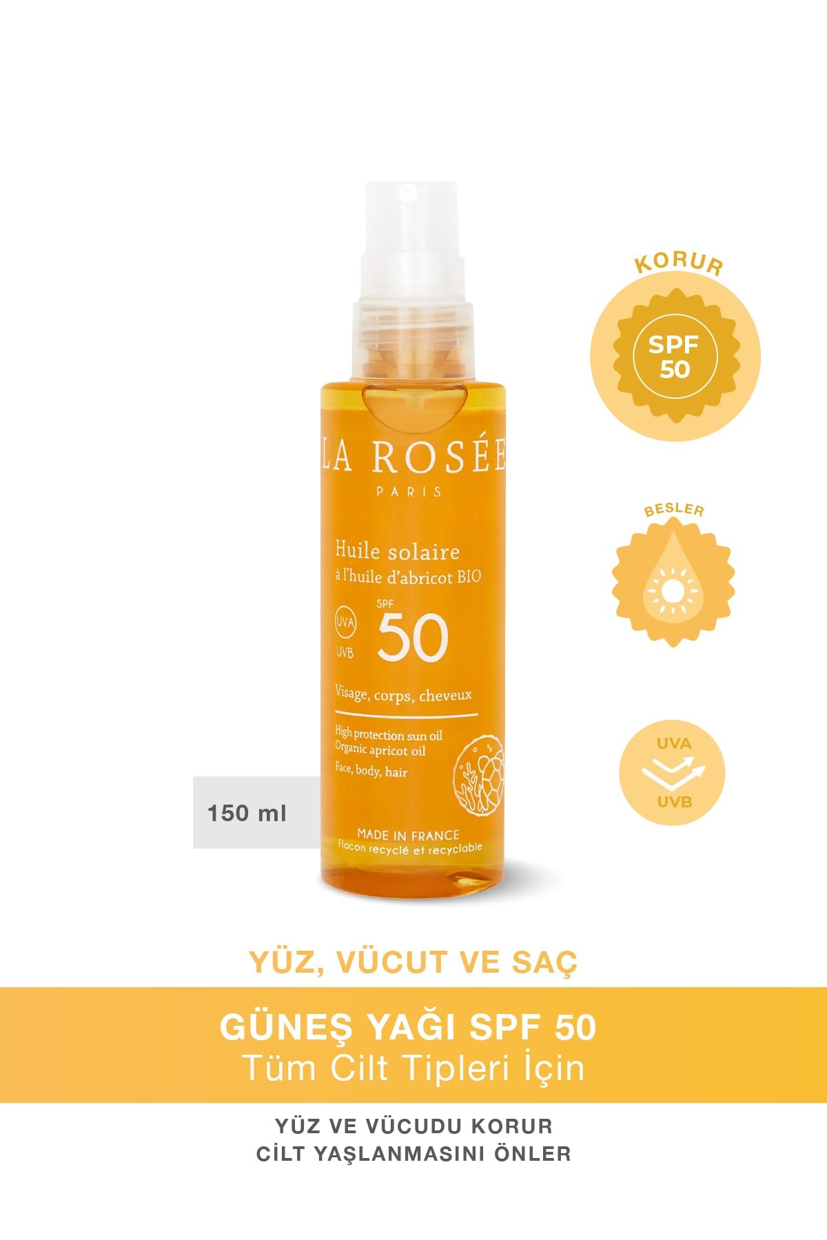 YÜKSEK KORUMALI GÜNEŞ KORUYUCU YAĞ Organik Kayısı Yağı İçeren SPF 50 + 150 Ml