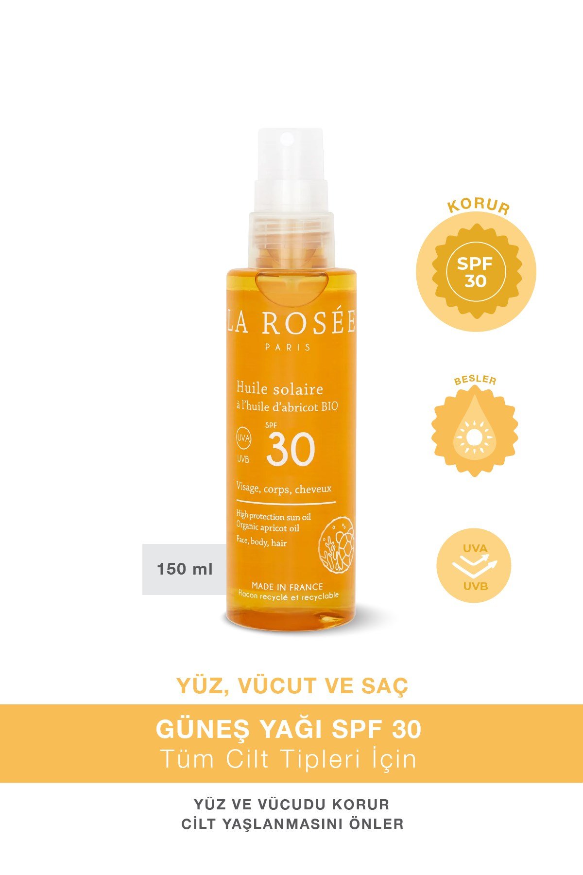 YÜKSEK KORUMALI GÜNEŞ KORUYUCU YAĞ Organik Kayısı Yağı İçeren SPF 30 150 Ml