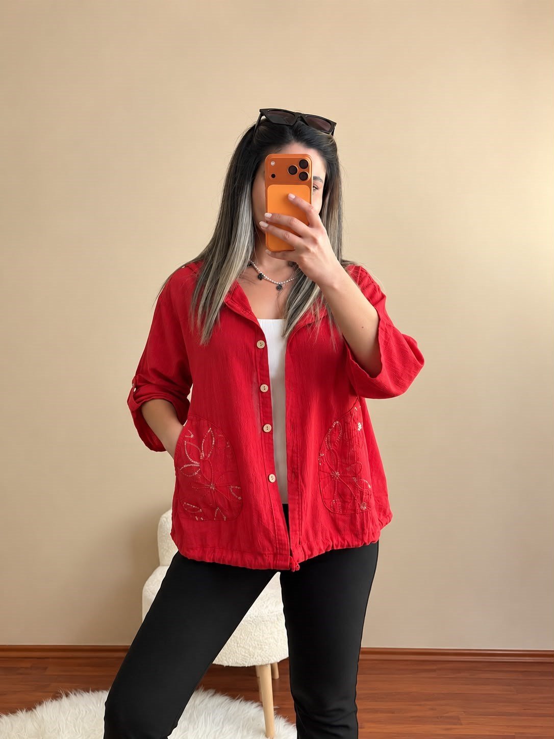Yıldız Motifli %100 Pamuk Ceket-Kırmızı