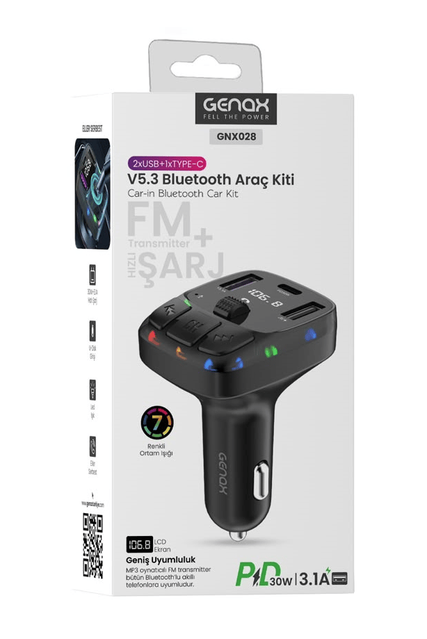 Bluetooth Araç Kiti V5.3 FM Transmitter ve PD 30W Hızlı Şarj Cihazı