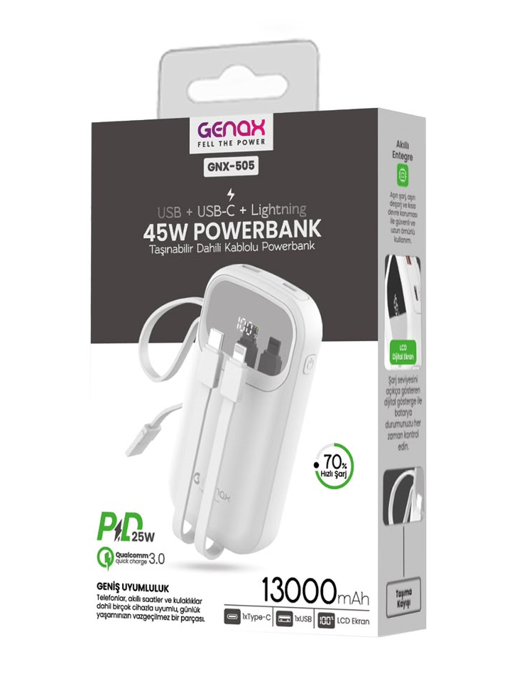 Genax GNX-505 13000mAh 45W Taşınabilir Dahili Kablolu Hızlı Powerbank