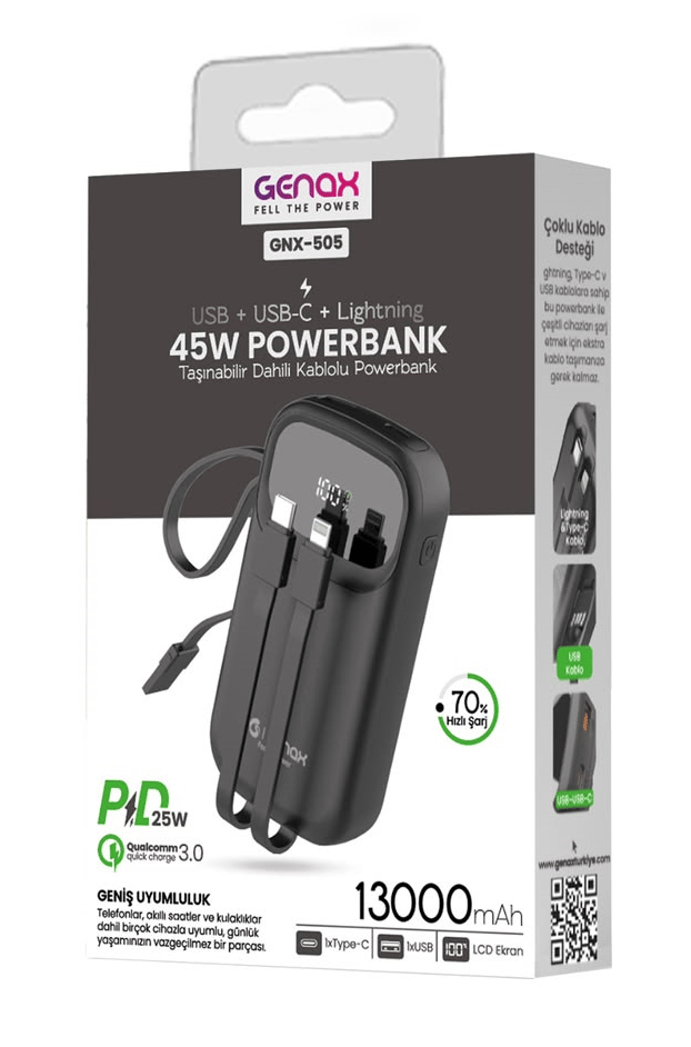 Genax GNX-505 Dahili Kablolu Hızlı Şarj Powerbank Siyah (13000mAh / 45W)