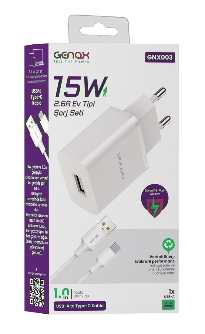 Genax GNX003 15W Ev Tipi Şarj Seti (USB-A to Type-C)