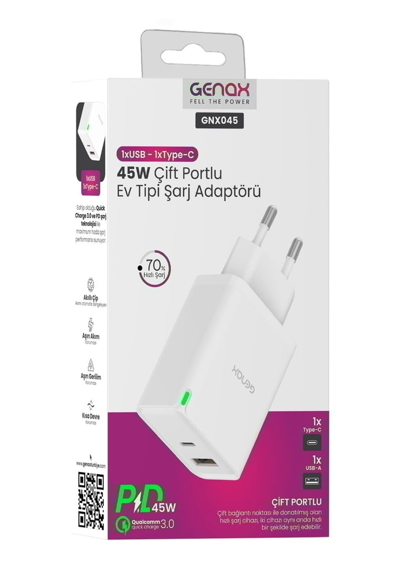 Genax GNX045 45W Çift Portlu Ev Tipi Şarj Adaptörü (USB-A & Type-C)