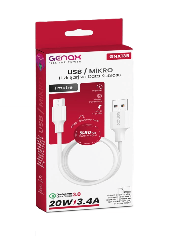 USB / Micro USB Hızlı Şarj ve Data Kablosu (1 Metre - 20W / 3.4A)