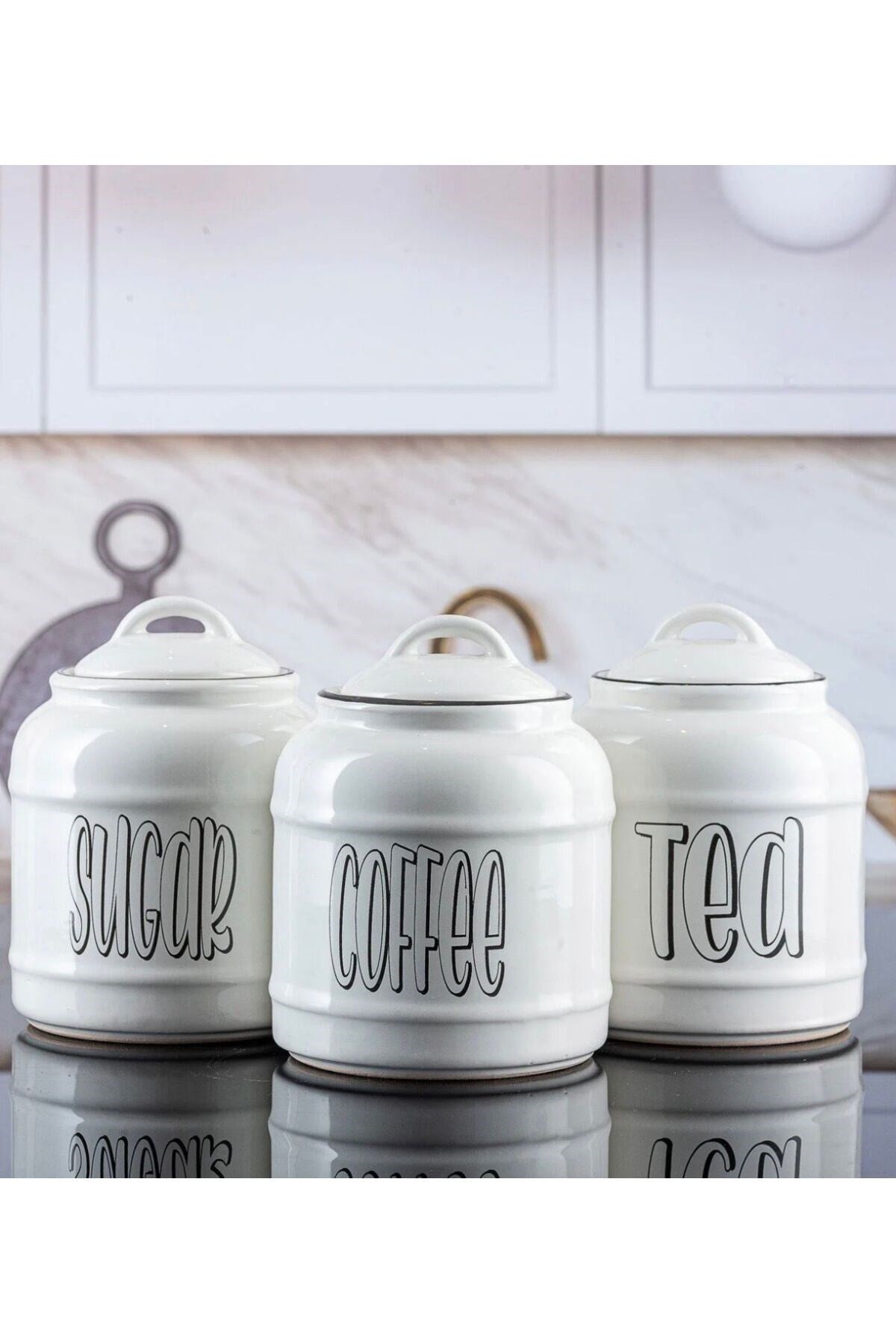 3'lü Porselen 1400ml Tea/Coffee/Sugar Kavanoz Seti
