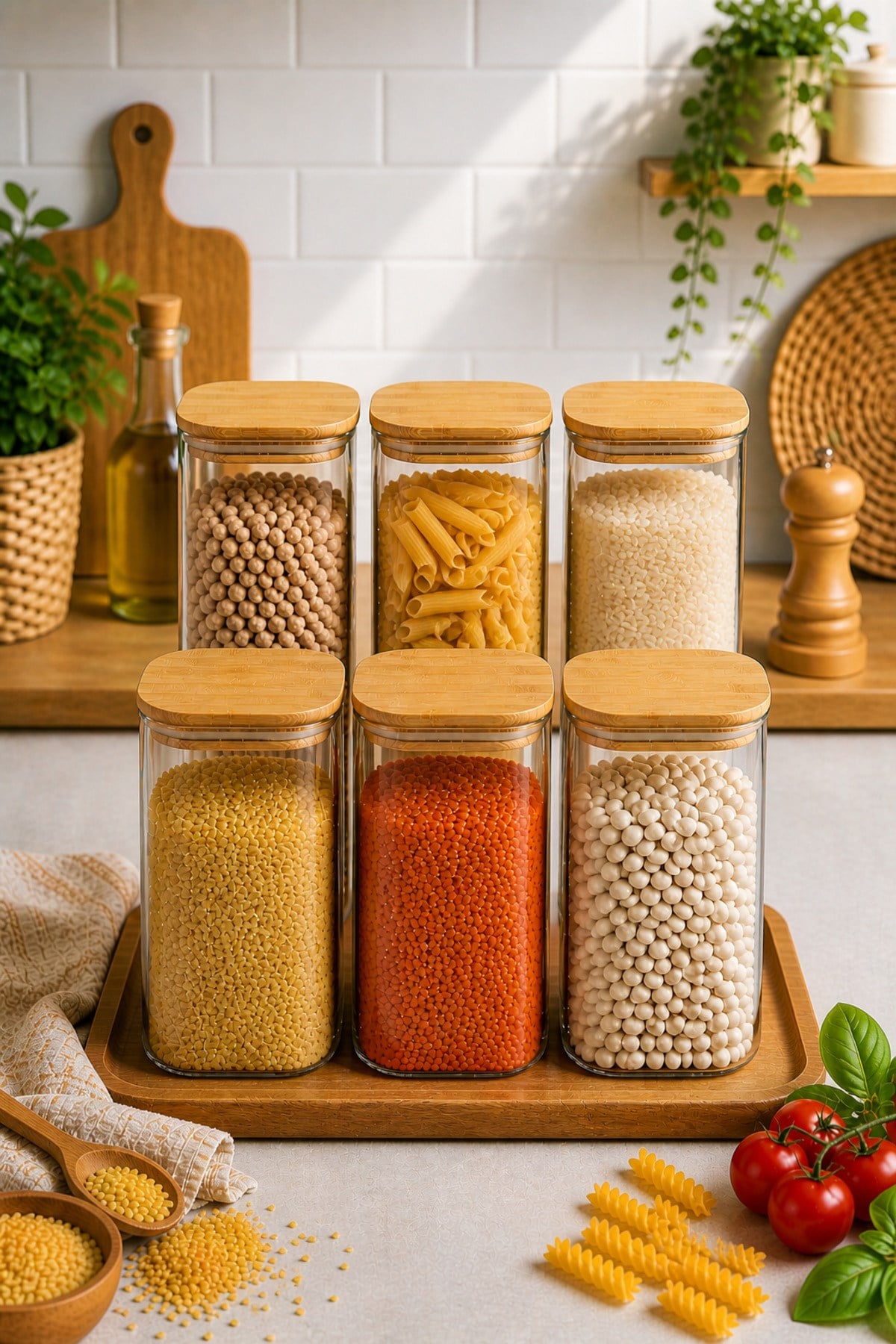 6'lı 1500 ml Bambu Kapaklı Kare Cam Baharatlık Drajelik Ve Erzak Kabı