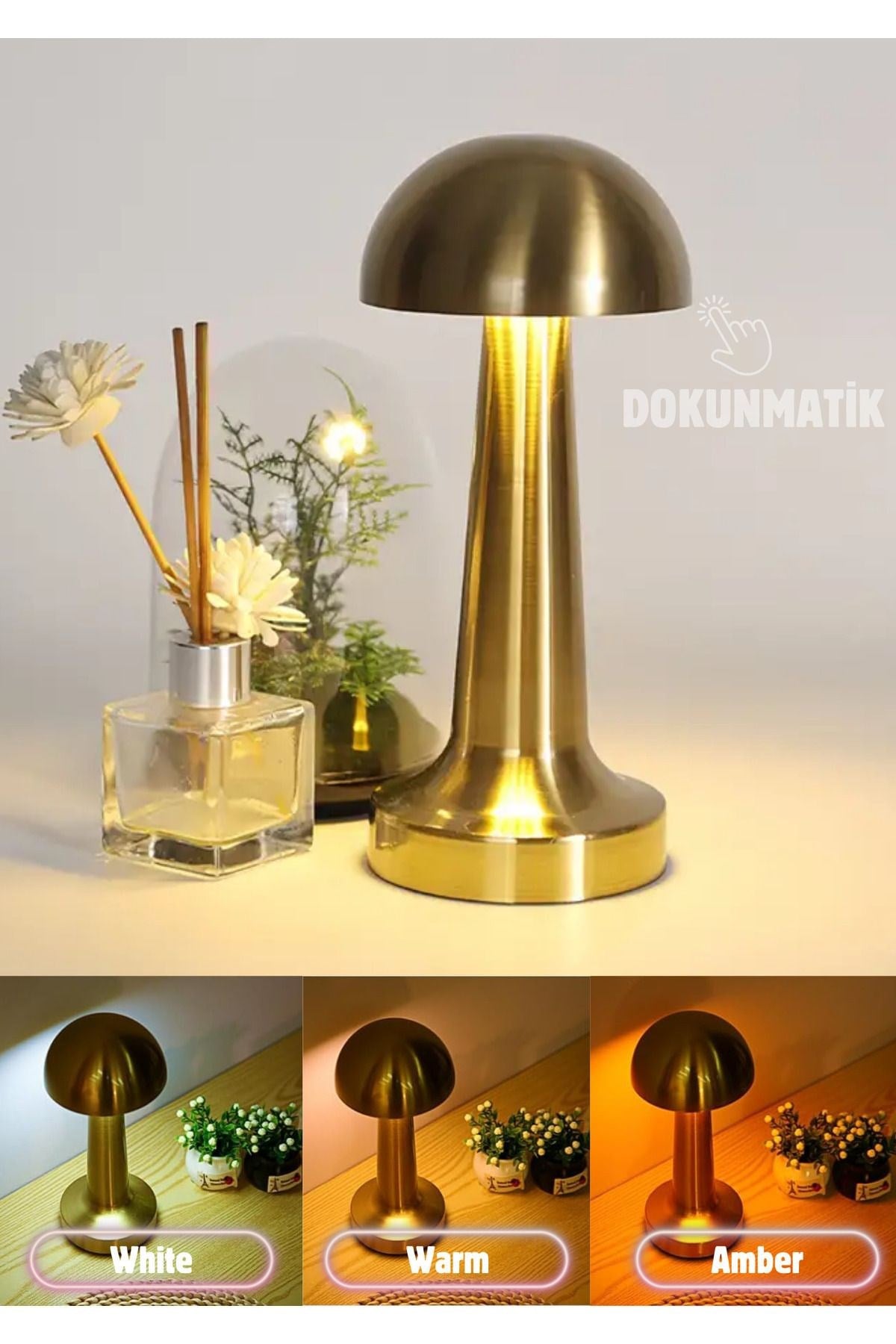 Mantar Model Led 3 Işık Renkli Şarjlı Metal Masa Lambası GOLD