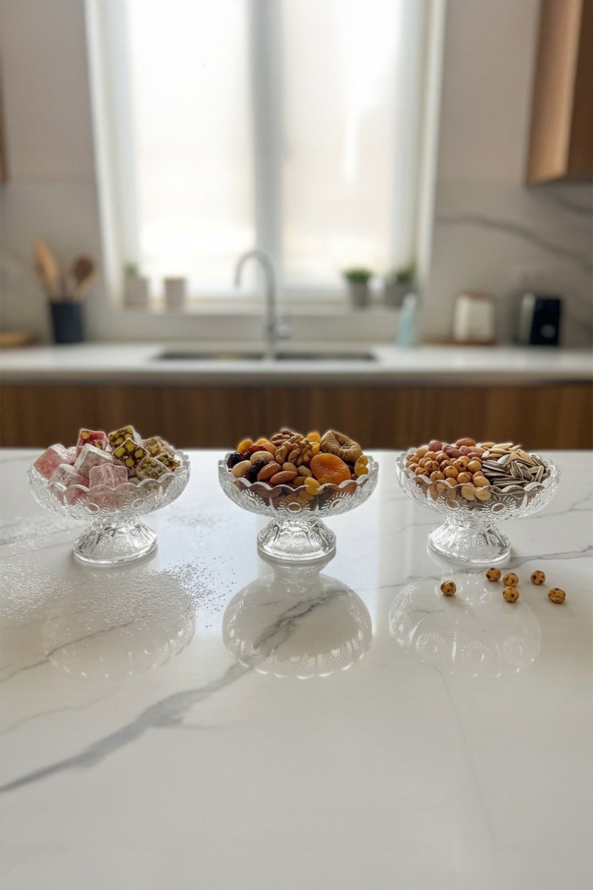 Virenna Cam Ayaklı Çerezlik Sunumluk Kahvaltılık Kase 3’lü Set 12 cm 130 ml