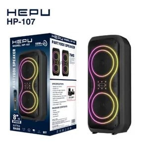 Hepu HP-107 2x8” RGB Işıklı Taşınabilir Bluetooth Partybox Speaker – 30W Güç (2x15W)