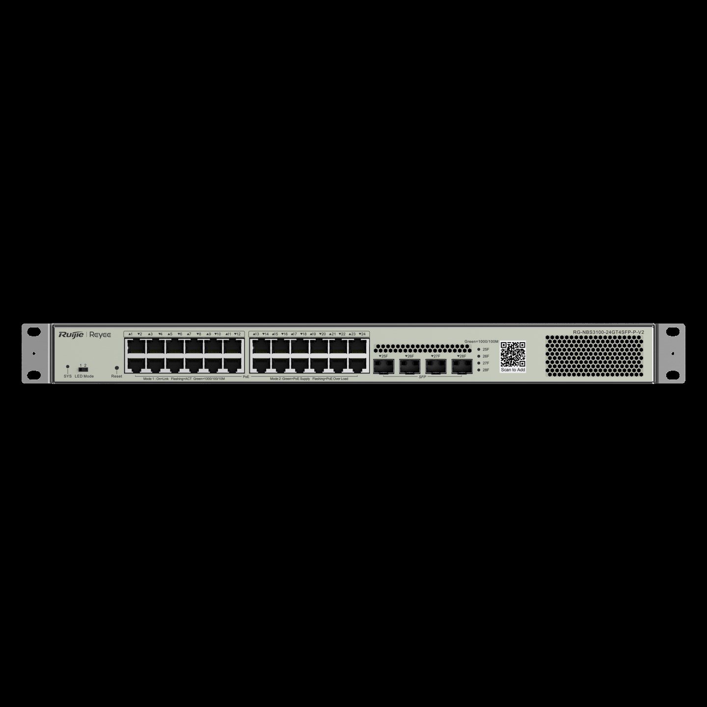 Reyee RG-NBS3100-24GT4SFP-P-V2 24 Portlu, 10/100/1000 Gigabit, L2 Yönetilebilir Switch, 4 SFP, 24 Port PoE+ (370W)
