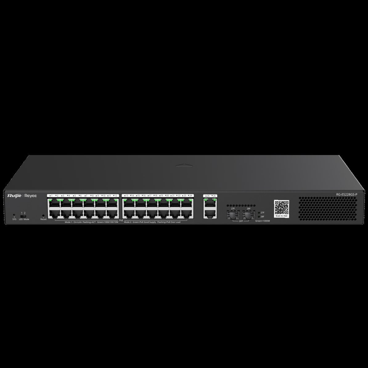 Ruijie Reyee RG-ES228GS-P 28 Portlu, 10/100/1000 Gigabit, Yönetilebilir Switch, 2 SFP, 2 Gigabit RJ45 Uplink, 24 Port PoE+ (370W)